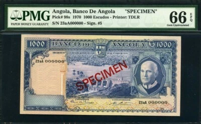 Angola 1970, 1000 Escudos, P98s,Specimen, PMG 66 EPQ GEM UNC - Image 1 of 2