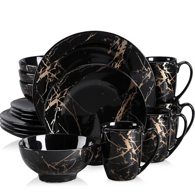 LOVECASA Porcelain 16-Pieces Dinnerware Set Black Kitchen Plates Bowls Mugs Set - Image 1 of 4