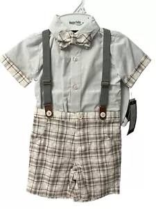 Happy Fella Baby boys 3 piece short set suspender outfit /bow & Cap /Size 2T - Picture 1 of 3