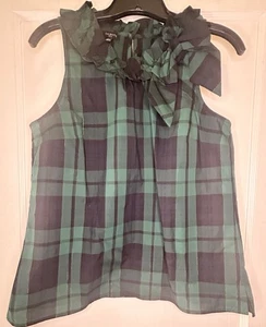 Talbots Small Petite grün bunt metallic kariert ärmellos Schleife Rüschen Top neu mit Etikett - Bild 1 von 14