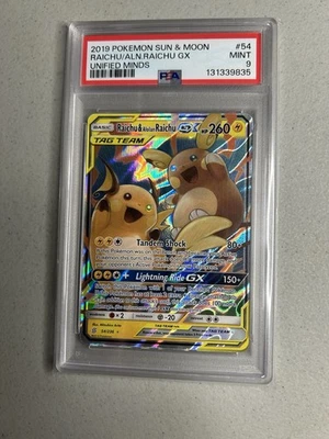 2019 Pokemon Raichu & Alolan Raichu GX Sun & Moon Unified Minds 54/236 PSA 9 MT - Image 1 of 4