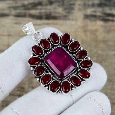 Kashmiri Ruby Lab-Created Gemstone Handmade 925 Sterling Silver Jewelry Pendant - Image 1 of 4