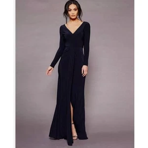 Vera Wang Navy Blue Long Sleeve V Neck Ruched Evening Gown Long Dress (4) - Picture 1 of 13