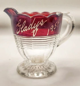 VINTAGE Ruby Flash Souvenir Creamer Pitcher EAPG Style "Gladys 1954" Pressed - Picture 1 of 7