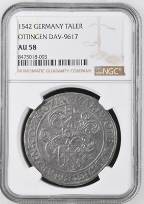 Alemania Ottingen Taler Thaler 1542 plata NGC AU58 gran tono con video HD Foto 1 de 2