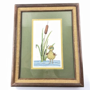 Finished Cross Stitch Duck Duckling Pond Reed Wood Framed Double Mat Wall Art - Picture 1 of 3
