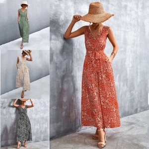 Summer Boho Dress Ladies Womens Floral V Nec Long Maxi Dress Holiday Sundress - Picture 1 of 16