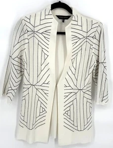 Ming Wang Womens XS Open Front Geometric Cardigan Jacket Knit White & Black - Picture 1 of 5
