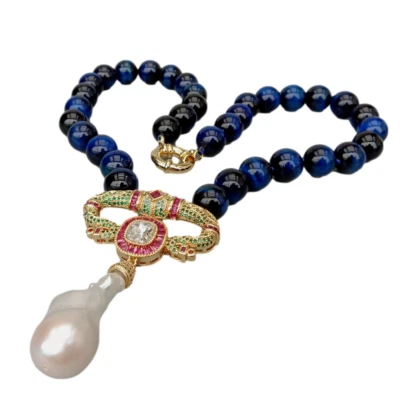 Colar de olho de tigre redondo azul pavê de zircônia cúbica pingente de pérola branca Keshi 19" - Imagem 1 de 4