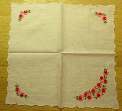 BONITO PAÑUELO PAÑUELO BLANCO FLORES ROJAS BORRADAS AÑOS 50 USADO Foto 1 de 4