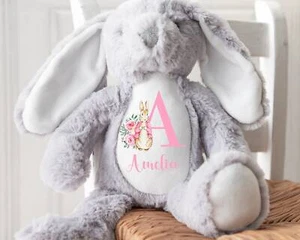 Personalised Bunny Rabbit Grey Baby Pink Gift For Newborn Girl Teddy Bear 23cm - Picture 1 of 9