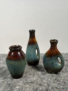 3 Mottled Brown & Amber Turquoise Glazed Ceramic Bud Vases Art Pottery 3-5 in