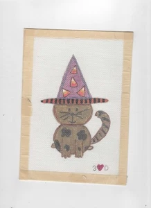 Handpainted Needlepoint Canvas Halloween Cat with Hat - Picture 1 of 1