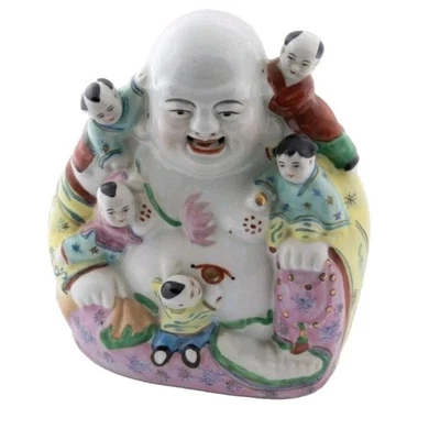 VINTAGE CHINESE PORCELAIN  LAUGHING BUDDHA WITH CHILDREN  6" TALL - FAMILLE ROSE - Image 1 of 4