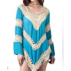 Umgee Blouse Crochet Boho Long Sleeve Large Teal Blue - Picture 1 of 6