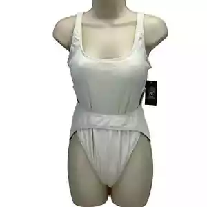 Vince Camuto Stripe Textured High Leg One Piece Tank Swimsuit - Ivory - size 14 - Picture 1 of 10