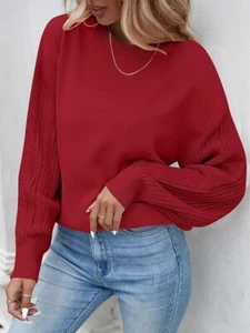Women's M Red Long Sleeve Sweater Solid Color Cable Knit Crew Neck Casual Chunky - Picture 1 of 7