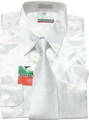 New men's dress shirt_tie & hankie satin shiny formal party prom wedding White - Image 1 of 4