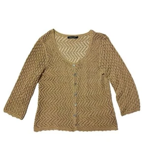 Cárdigan Peruvian Connection Manga 3/4 Algodón Pima Crochet Tostado Caqui Talla L - Imagen 1 de 7