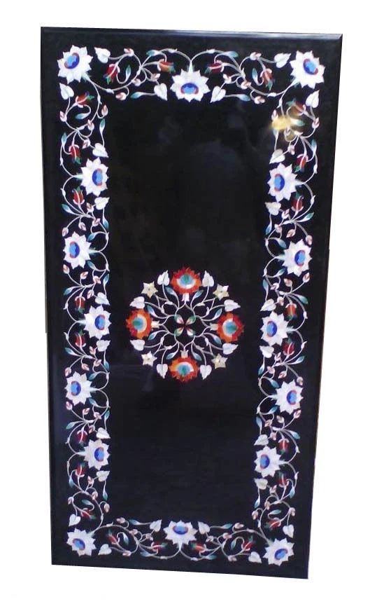 36" x 20" Black Marble Table Top Pietra Dura Handmade Inlay Work Home Decor - Image 1 of 1