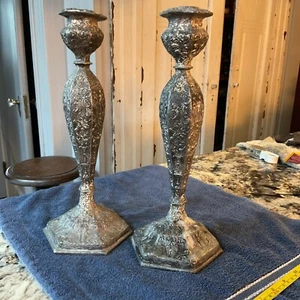 Pair Antique WB Silver plate Ornate Candle Sticks , Scenes , People - Picture 1 of 9