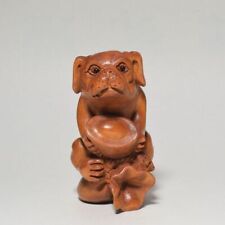 Netsuke Treasure Bag Horseshoe Silver Dog Tsuge Wood Carving Wooden from Japan