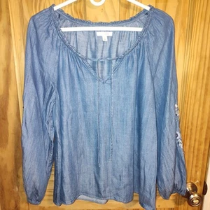 Lauren Conrad Peasant Top 100% lyocell Balloon Embroidered Sleeve Size Small - Picture 1 of 9