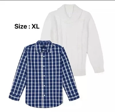 Suéter blanco tejido con cable Gap para niños y niños y camisa de vestir azul con botones, conjunto de 2 piezas XL Foto 1 de 4