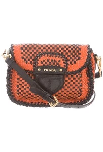 Prada Pushlock Flap Madras Woven Leather Crossbody Shoulder Bag Small Orange - Picture 1 of 10