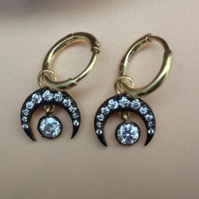 2CT Round Moissanite Georgian Cut Down Black Hoop Earring 14k Yellow Gold Plated - Image 1 of 4