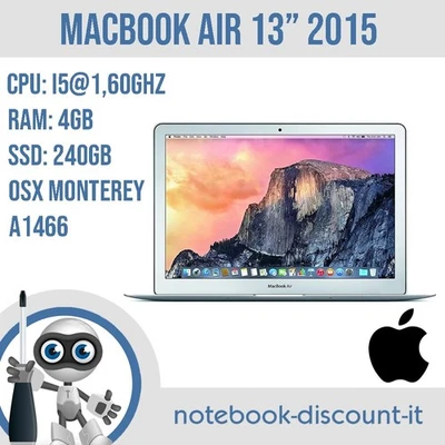 MacBook Air 13" 2015 Cpu i5 @1,60ghz  Ram 4gb  SSD 240gb  A1466  GRADO B - Immagine 1 di 4