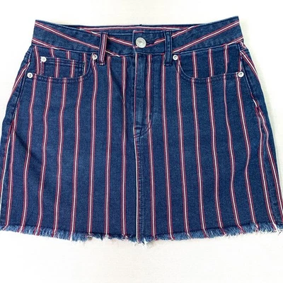 Mini falda de mezclilla a rayas American Eagle dobladillo crudo elástico para mujer talla 6 azul Foto 1 de 4