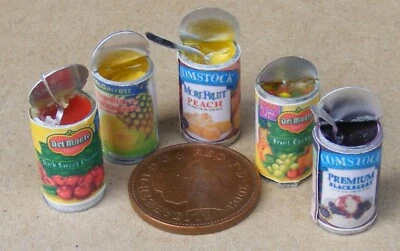 Dolls House Set Of 5 Open Tins Of  1:12 Scale Kitchen Fruit Can tumdee - Image 1 of 4