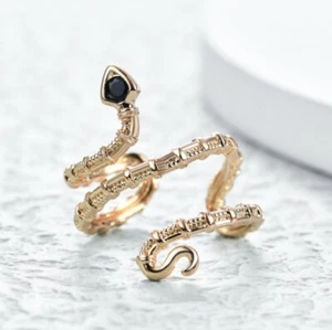 Newest Round Cut Natural Black Onyx Snake Shape Gold Plated Ring Adjustable Size - Picture 1 of 5