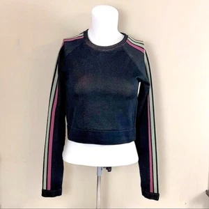 Fabletics Women Cropped Tank Size L Black Seamless Striped Long Sleeve - Picture 1 of 4