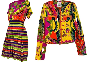 80s Teri John Saks Fifth Ave Silk Fiesta South America Print Dress Jacket Resort - Picture 1 of 10