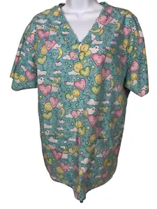 Crest Womens Scrub Top Size M Blue with Pink Yellow Smiley Hearts Moons Pockets - Picture 1 of 11