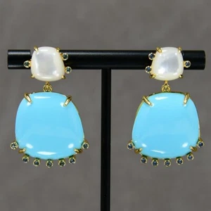 Natural White Shell Freeform Blue Turquoise Cz Paved Stud Dangle Earrings - Picture 1 of 9