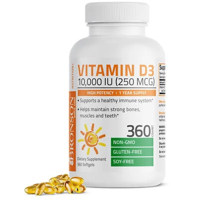 Vitamin D3 10,000 IU (250 mcg) High Potency Non GMO 360 Softgels (1 Year Supply) - Image 1 of 4