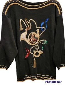 Suéter Negro Brillante Instrumentos Música Navidad La Costa Spa California - Imagen 1 de 18