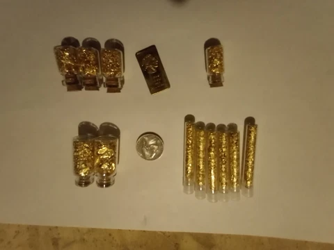 (6) vial ,(2) jar, (3) small jar,(1)tiny jar gold flakes, 5 gram bar Cover