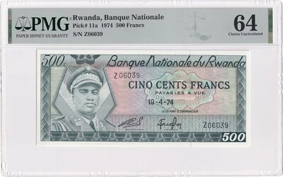 RWANDA-500 FRANCS-1974-PICK 11a-SERIAL NUMBER Z06039 **UNC PMG 64** - Image 1 of 2