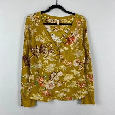 Camisa Top Pilcro Anthropologie XL Floral Amarillo Mostaza Waffle Henley Foto 1 de 4