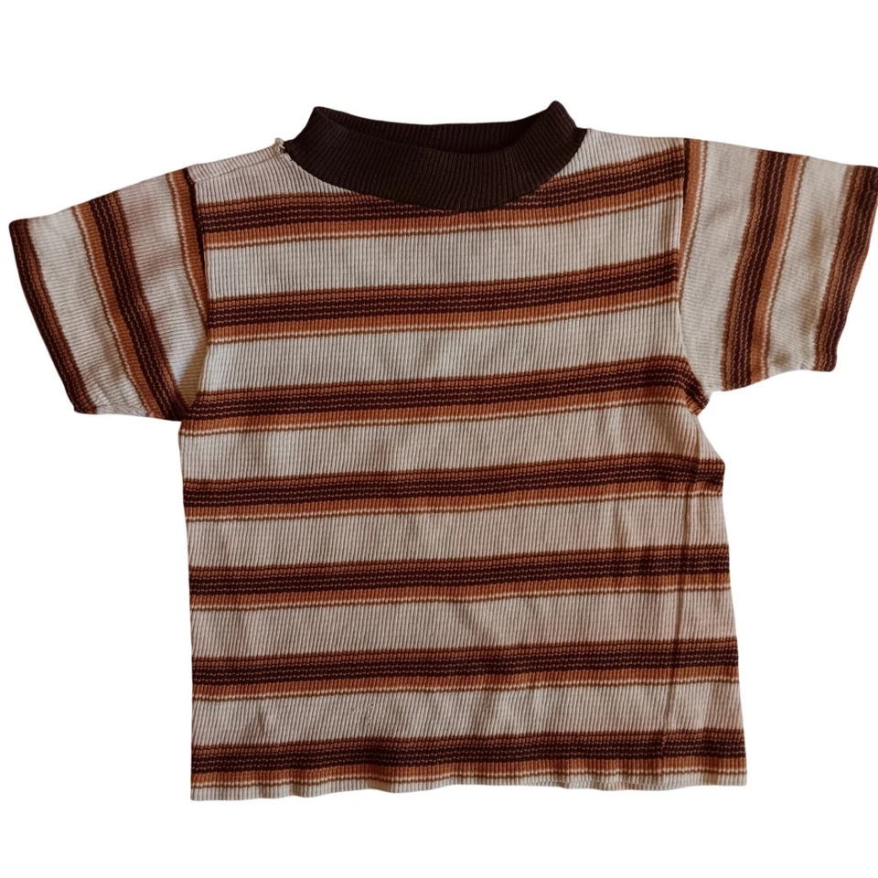 Camiseta Vintage Niños 6-8 Años 70 Brady Bunch Marrón Tostado Rayas Acanaladas Tejido Groovy Foto 1 de 4