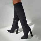 Women Knee High Heels Boots Pointed Toe Chunky Side Zip Boots Faux Suede Shoes