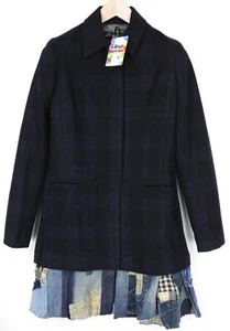 DESIGUAL Snow Robot Women Coat EU38 Navy Blue Wool Mix Tartan Check Designer - Picture 1 of 8
