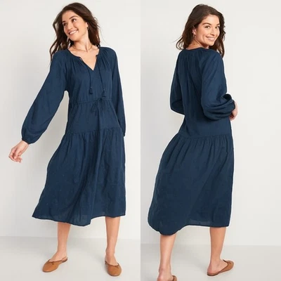 Old Navy Waist Defined Embroidered Long Sleeve Midi Dress Blue Size XL Pockets Foto 1 de 4