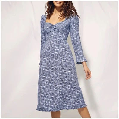 Aritzia Wilfred Size 8 Polly Blue Floral Smocked Cotton Sweetheart Midi Dress - Image 1 of 4