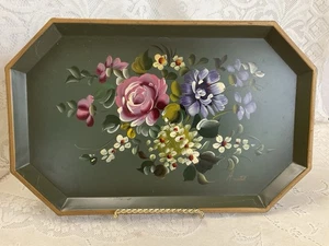 Vintage NASHCO Hand Painted Tray Green Oblong 16” X 10.5” Signed Anatole - Picture 1 of 10