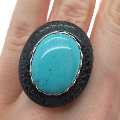 Anel de prata esterlina 925 real Tyrone turquesa e ônix preto pele de cobra tamanho 6,25 - Imagem 1 de 4